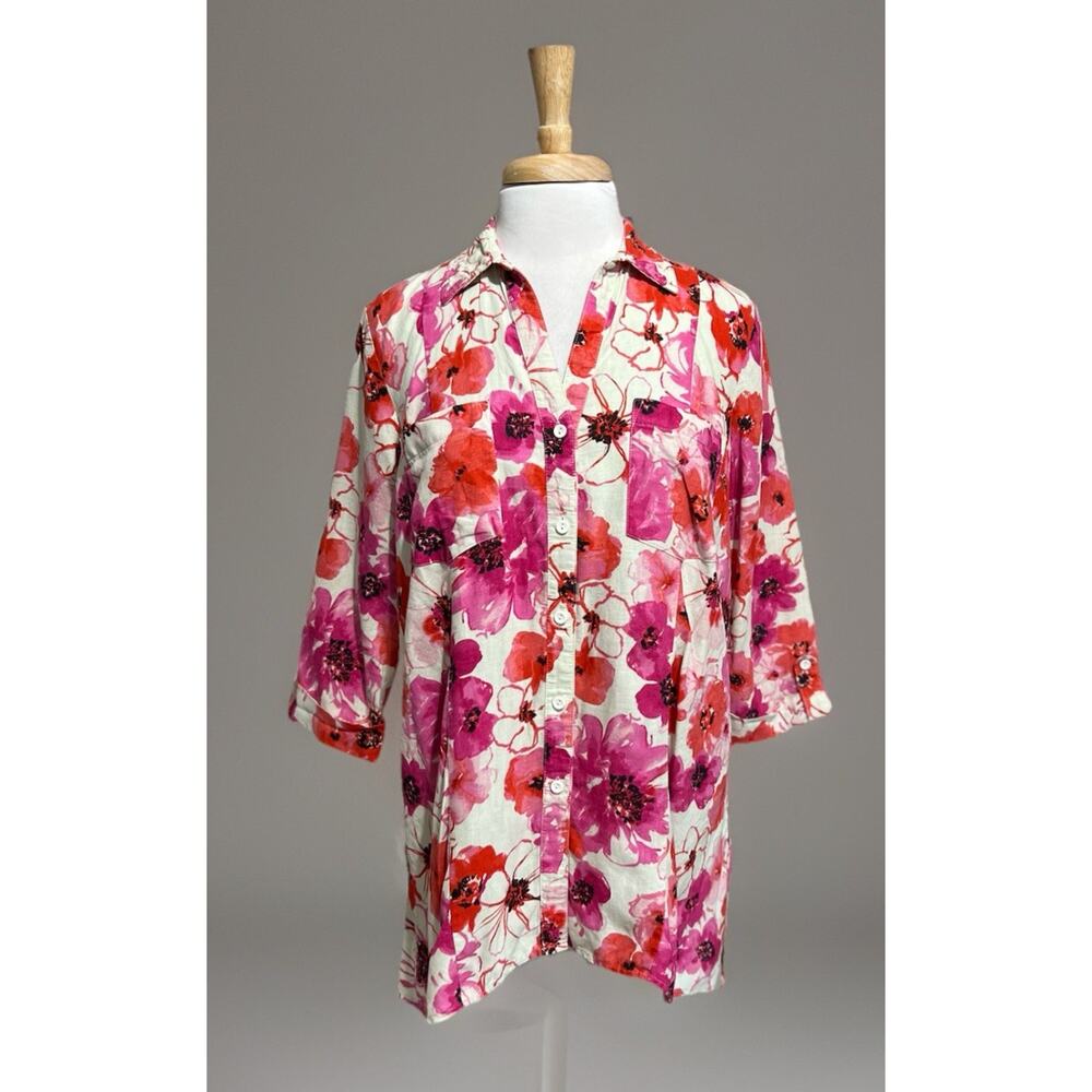 Jone New York Womens M 100% Linen Button Up Shirt Tunic Top Festive Floral Coast